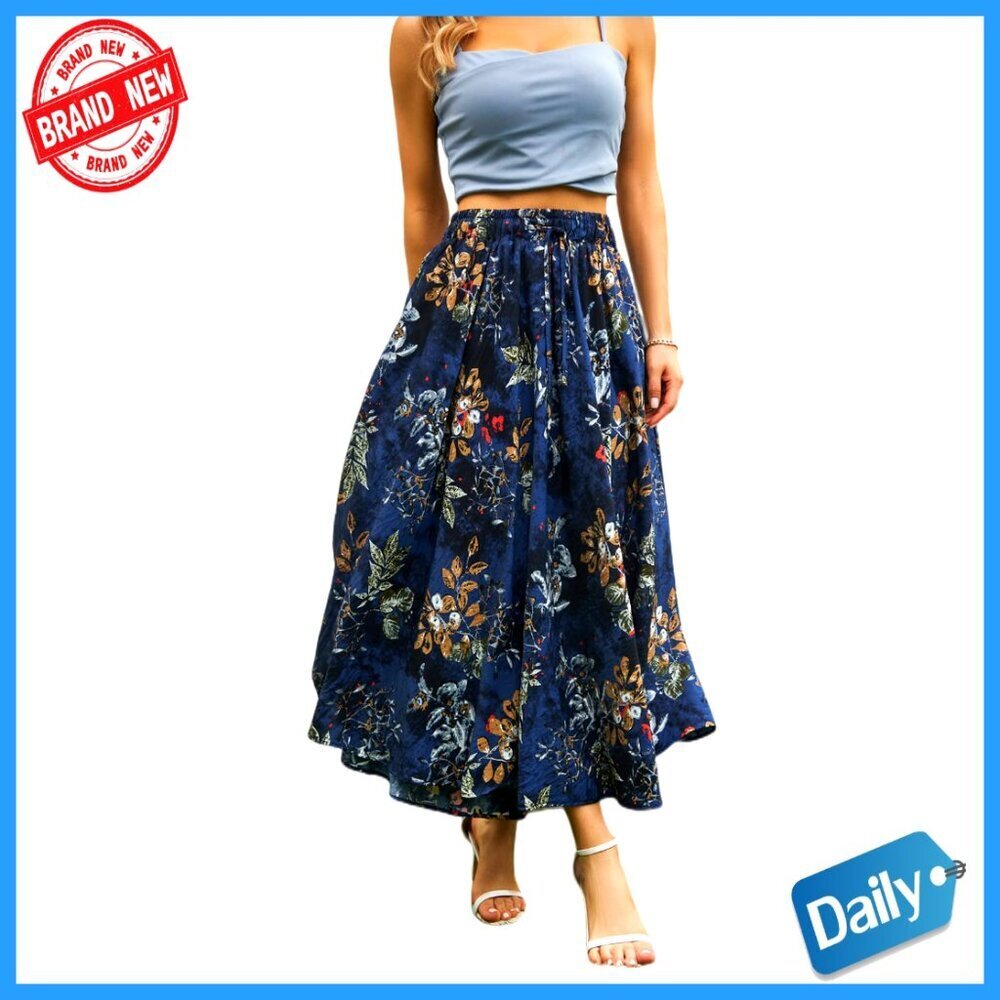 Maxi Skirt with Pockets, Elastic Waist, Polyester, Casual & Party Wear